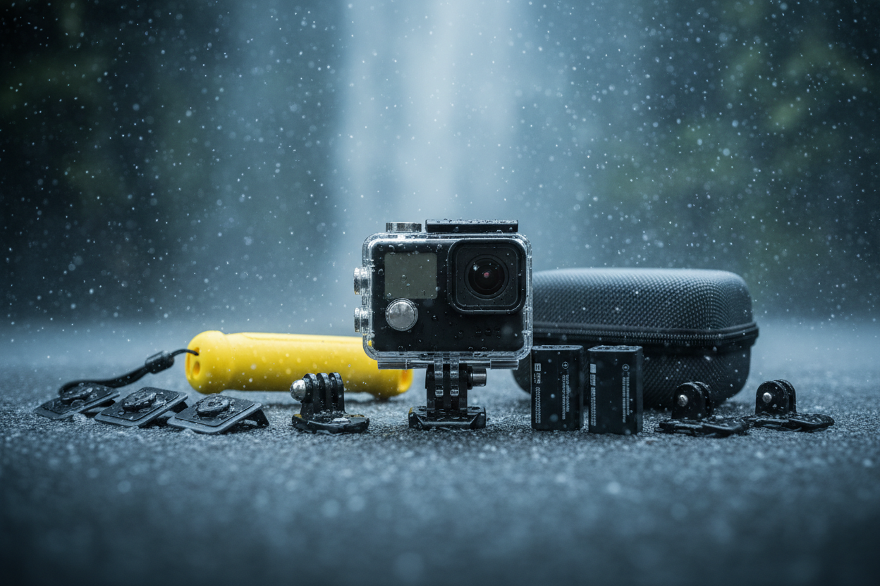 waterproof camera and accesories in a humid bacgroud